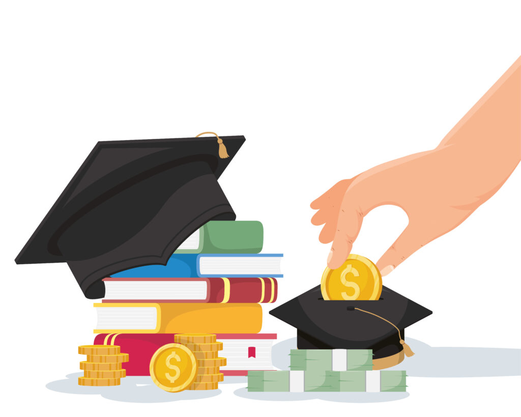 graphic with a hand, money, graduation caps, and books